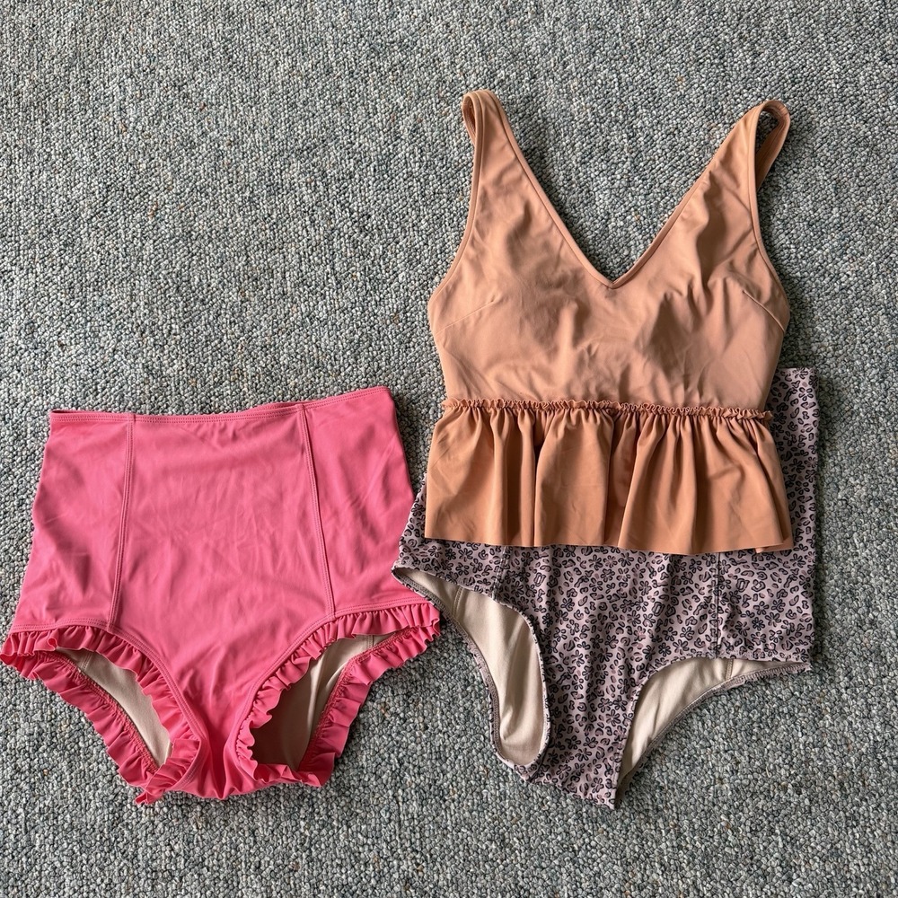 Womens XS-S Kortni Jeane Swimsuit Lot High Waisted Peplum Animal Print Neutral